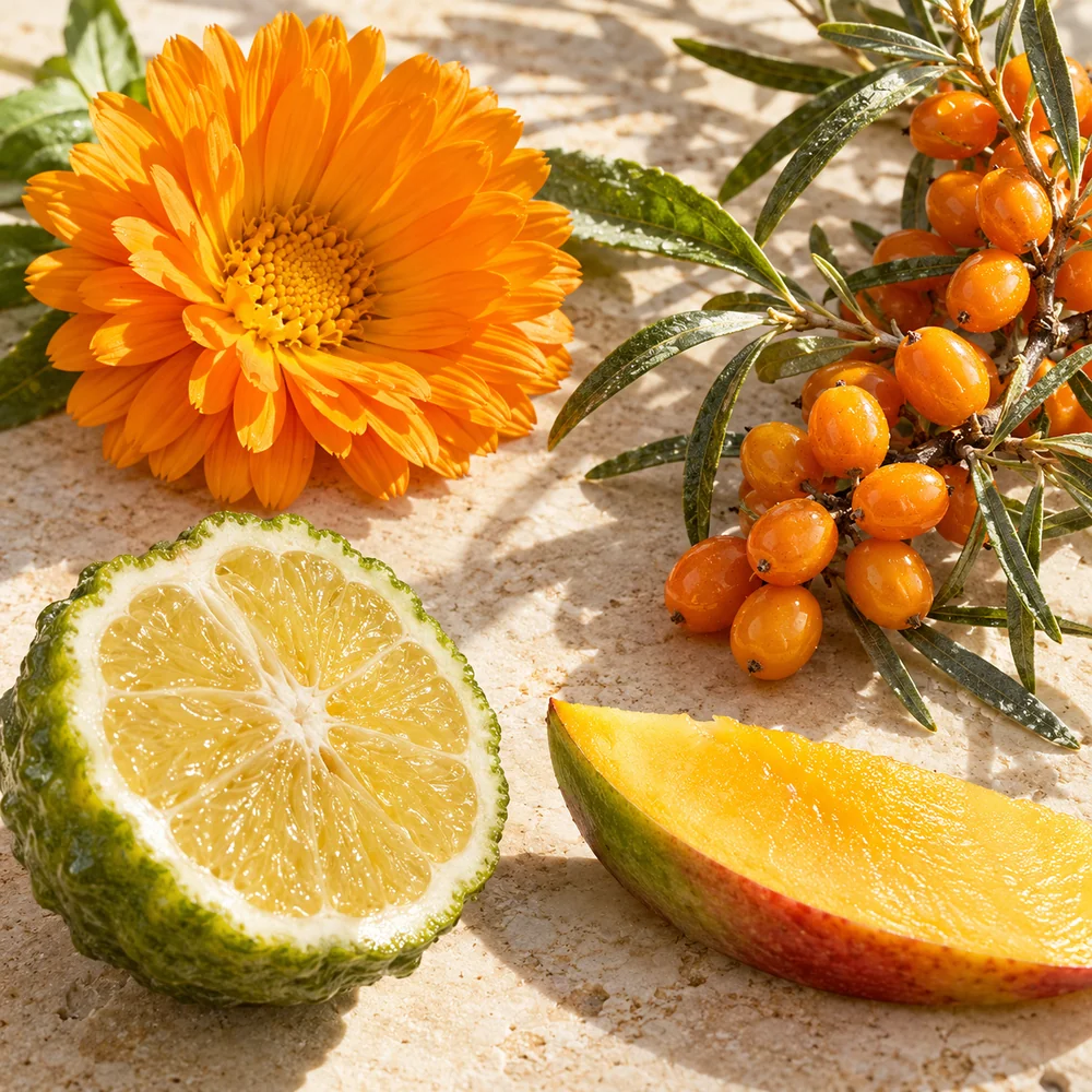 Calendula arancio, bacche di olivello spinoso, bergamotto e mango: i quattro ingredienti botanici protagonisti della formula.