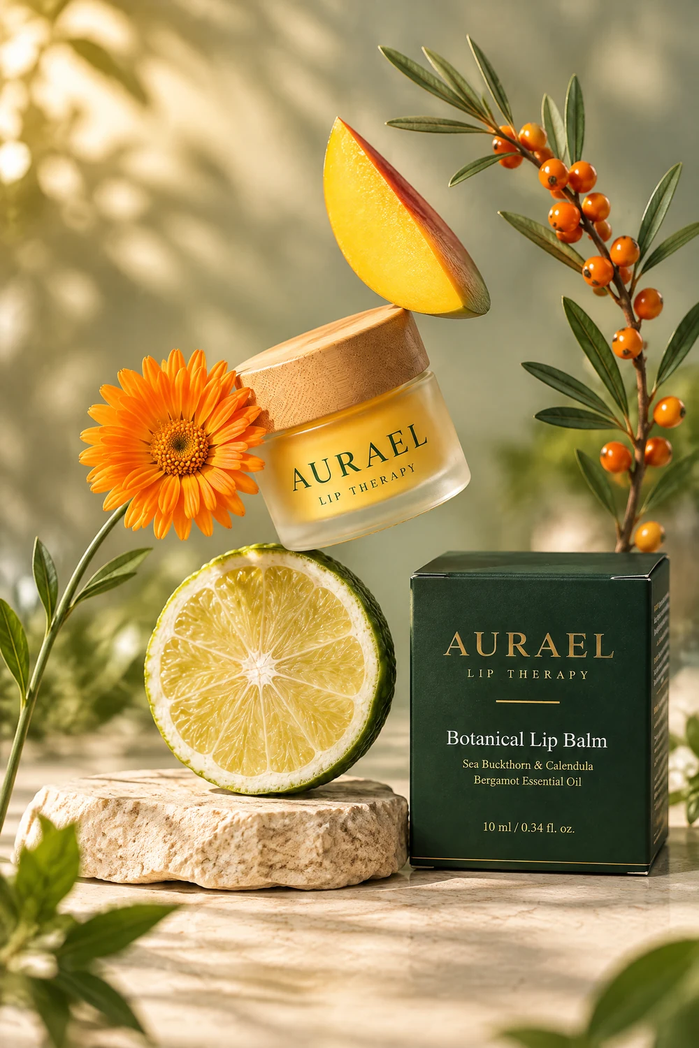 Il vasetto AURAEL inclinato in equilibrio su una fetta di bergamotto, con mango, calendula e olivello. Accanto, l'astuccio verde bosco nella luce del mattino.