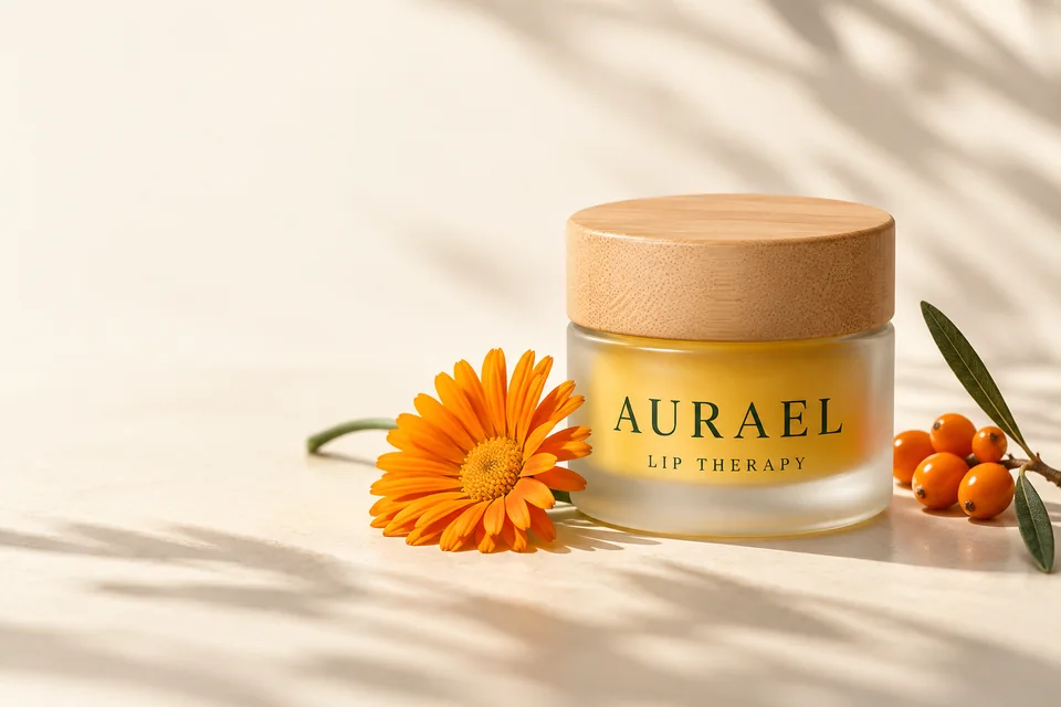 AURAEL Lip Therapy: vasetto in vetro satinato, tappo in bambù e balsamo dorato.